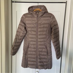 Gold Brown Champagne Women's Hooded Thigh Length Puffy Puffer Down Jacket